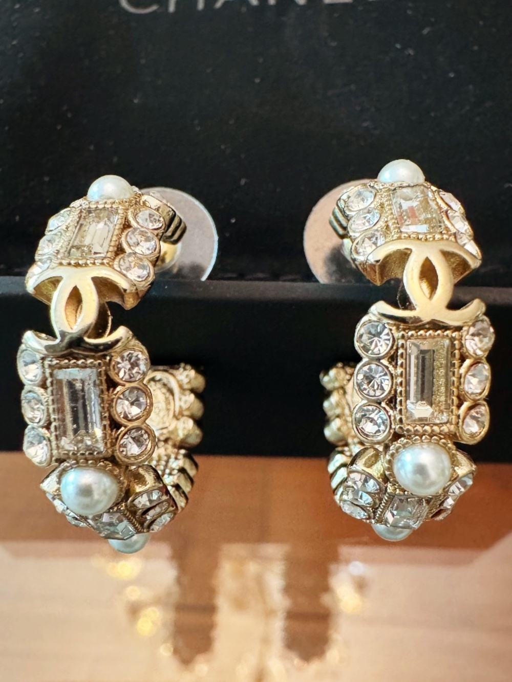 New Chanel CC Logo Bling Crystal Embellished with Pearl Small Hoop Earrings